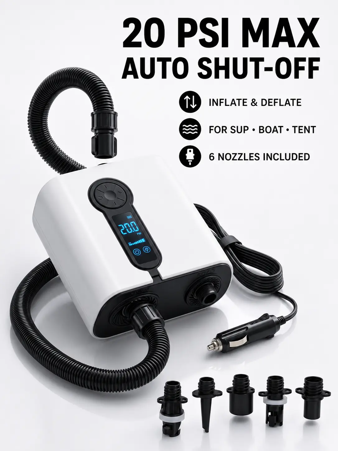 20 PSI High Pressure Electric SUP Pump with Auto Shut-Off, Portable Inflator & Deflator for Paddle Board, Inflatable Boat and Tent.Car Cigarette Lighter Powered Electric Pump.