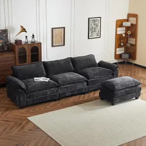 Karl home Sectional Sofa Modular Deep Seat Sofa Couch with Ottoman, Black Chenille Sofa Sleeper Comfy Upholstered Furniture for Living Room, Apartment, Studio, Office