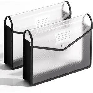 2 Pack Plastic Expanding File Folder, Transparent envelopes with Snap Closure, Fit Letter/A4 Size for School/Office/Home/Hospital, No Dividers, Large Capacity（Black）