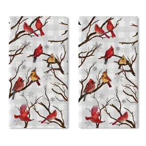 Winter Cardinal Kitchen Dish Towels Set of 2, Red Birds Branches Buffalo Plaid Drying Hand Towel Baking Cooking Cloth, Farmhouse Christmas Snowflake Bathroom Home Decoration 18'' x 26''