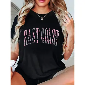 Women's Plus Size East Coast Graphic Knit T-Shirt - 100% Cotton Fabric, Regular Fit, Slight Stretch, Short Sleeve Round Neck, Casual Spring & Summer Top, Womenswear