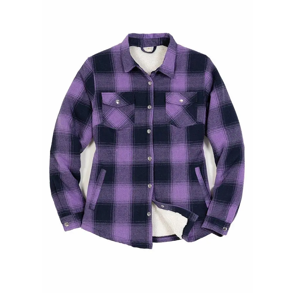 FlannelGo Women's Plaid Coats, Sherpa Lined Flannel Shacket, Long Sleeve Snap-Front Casual Shirt Tops