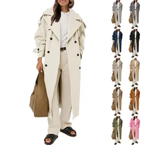Fessceruna Womens Oversized Long Trench Coat Double Breasted Lapel Windproof Overcoat with Belt