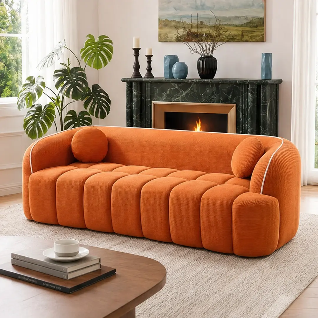 98.4" Modern Compressed Sofa Cloud Couch 3-Seater Corduroy Sofa No Assembly Required Bubble Channel Tufted Couch with 2 Pillows Comfy Deep Seat for Living Room Apartment Office Multiple Color Options, Camel/Orange/White Color Options