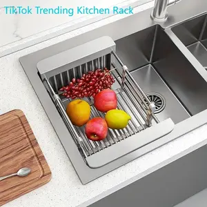 Stainless steel suspended diningware rack, 1 adjustable multi-functional fruit and vegetable filter basket, kitchen sink storage item