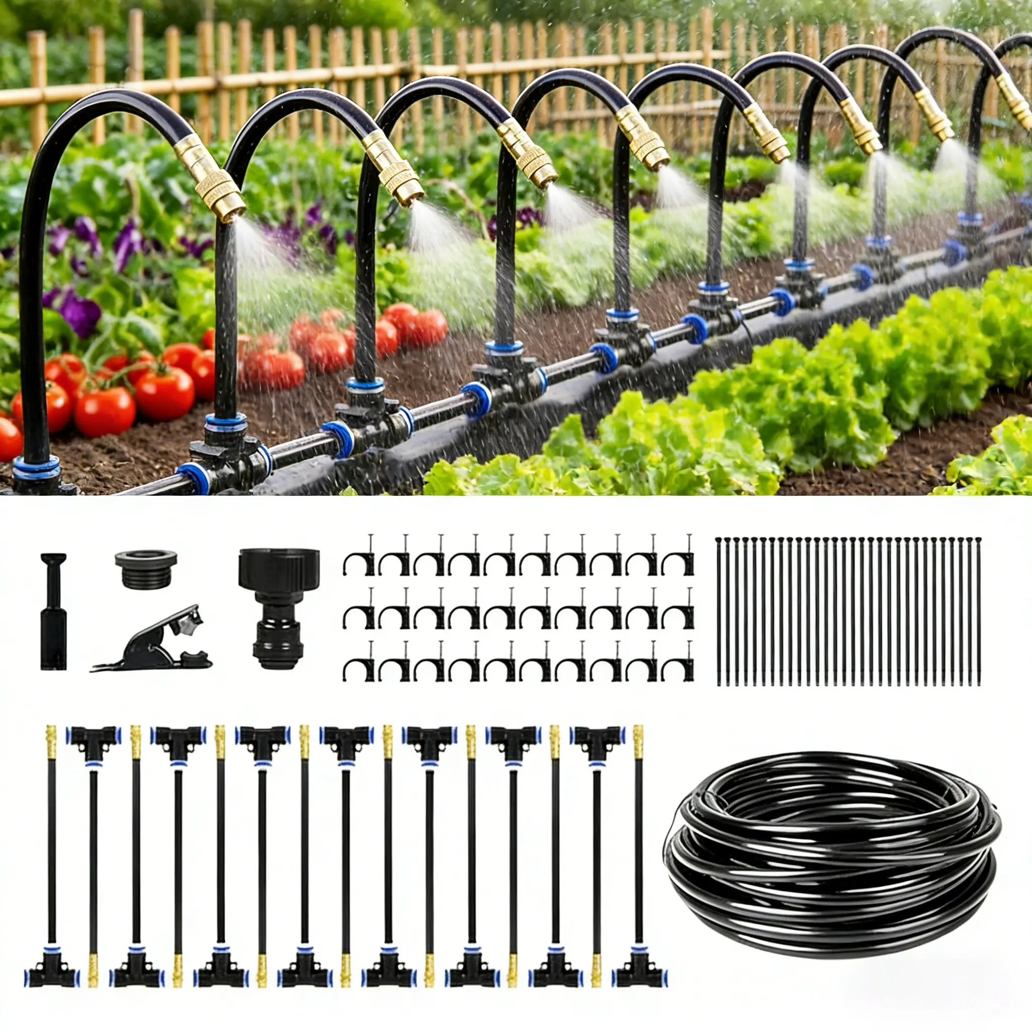 Automatic Drip Irrigation Kit - 50 Feet, Tool-Free Quick Connectors, 15 Copper Mist Nozzles, 360° Bendable Heads, Garden, Greenhouse, Lawn, Watering For Garden, Plant Watering System