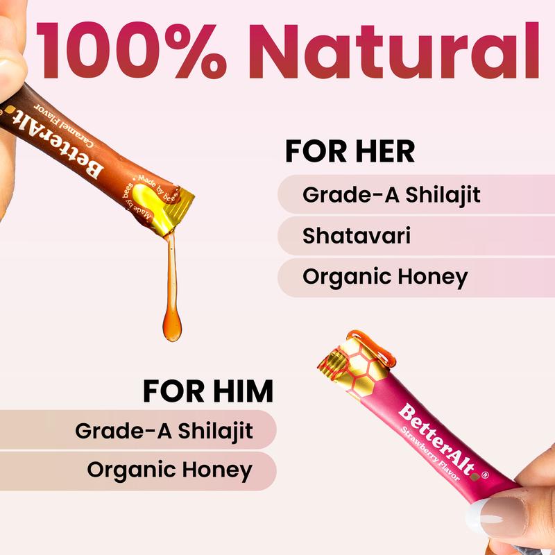 BOGO Him & Her Bundle |  Shilajit Honey Sticks (Caramel) + SHE-Lajit Honey Sticks (Strawberry) | For Couple Energy & Stamina | Dietary Supplement