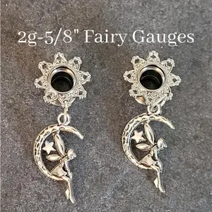 Pair Fairy 2g 0g 00g 1/2 9/16 5/8 Inch plug Dangle Screw pretty Silver Steel Tunnel Gauge Ear Stretching jewelry drop earring unique moon