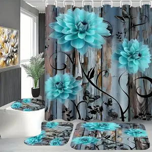 Creative Farmhouse Style Blue Floral Shower Curtain Set, Non-Slip Rug, U-Shaped Mat, Toilet Lid Cover, Perfect for Bathroom Decor