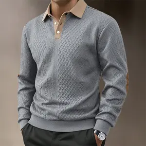 Men’s contrast-color collared long-sleeve polo shirt with diamond-pattern knit texture and elbow patches, suitable for business casual wear