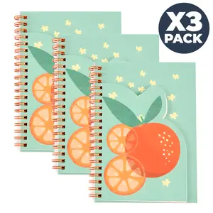 3 Pack Spiral Notebook with Fruit Shaped Flap - 80 Sheets Perforated Diary Paper Notepad for Students, School & Office - Cute Aesthetic Stationery Gift for Girls & Teens - 5"x7" Portable Journal for Note-Taking, Planning & Doodling - Orange & Teal Design