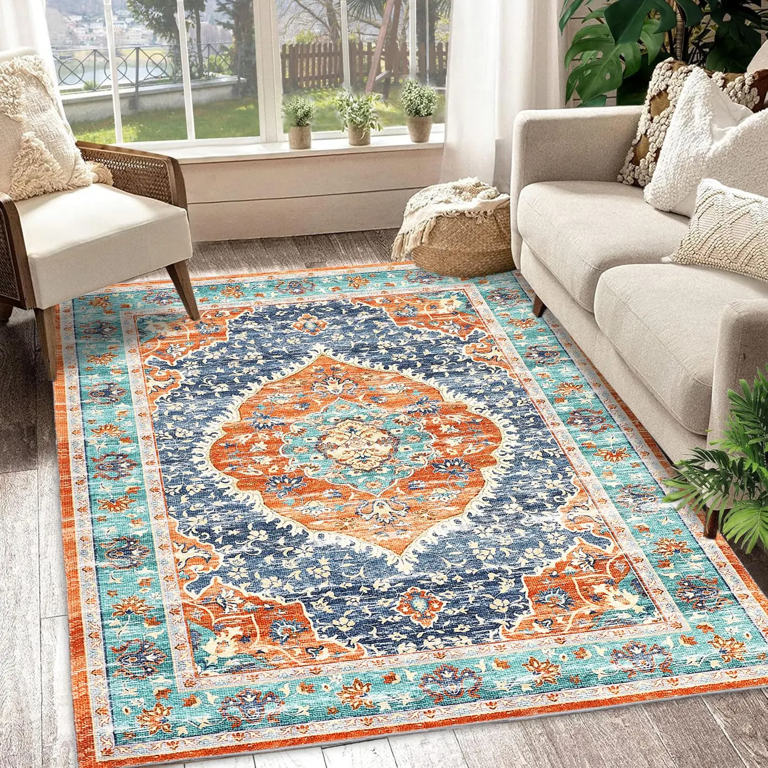 【GARVEE】5x7 Area Rug - Washable Rugs for Living Room, No Pile Boho Carpet for Entryway, Bedroom, Dinning Room, Vintage Carpet Print, Distressed Non-Slip. Red