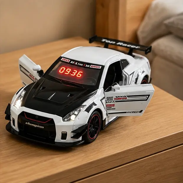 Die-Cast Alloy Supercar Alarm Clock with Time Display, Exhaust Mist Spray & Engine Sound, Rear Wing Spray Effect, Racing Key Control, Creative LED Atmosphere Sports Car Desk Clock, Cool Toy Gift for Boys, Kids & Car Fans， Halloween Day gift