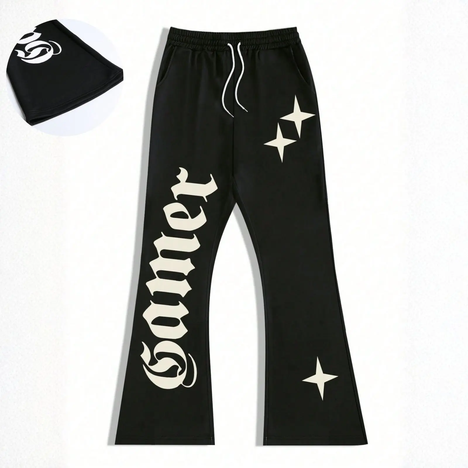Men's Gothic Flared Joggers with Star Print, Baggy Aesthetic Pants with a Drawstring Elastic Waistband, Menswear, Oversized, Stylish, Fashion, Casual, Flare Cut, Chic