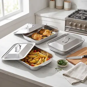 [dealsforyou] Stainless Steel Bakeware Sets with Lids - Non-stick Rectangular Roasting Pan, Versatile Dessert Baking Dish, Double-handled Grill Rack, Seafood Tray, All-in-1 BBQ Serving Platter, Dual Handles, Buffet Ready