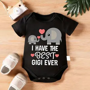 Lovely "I Have the Best Gigi" Elephant Printed Girls' Jumpsuit-100% Soft Cotton, Casual Short Sleeve round Collar Design, with Heart-Shaped Decoration, Perfect Choice for Outdoor Wear in Spring and Summer, Suitable for Outdoor Activities