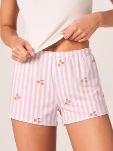 Women's Cherry Print Striped Shorts, Elastic Waist, Sweet Aesthetic Style, Soft and Comfortable, Casual Streetwear