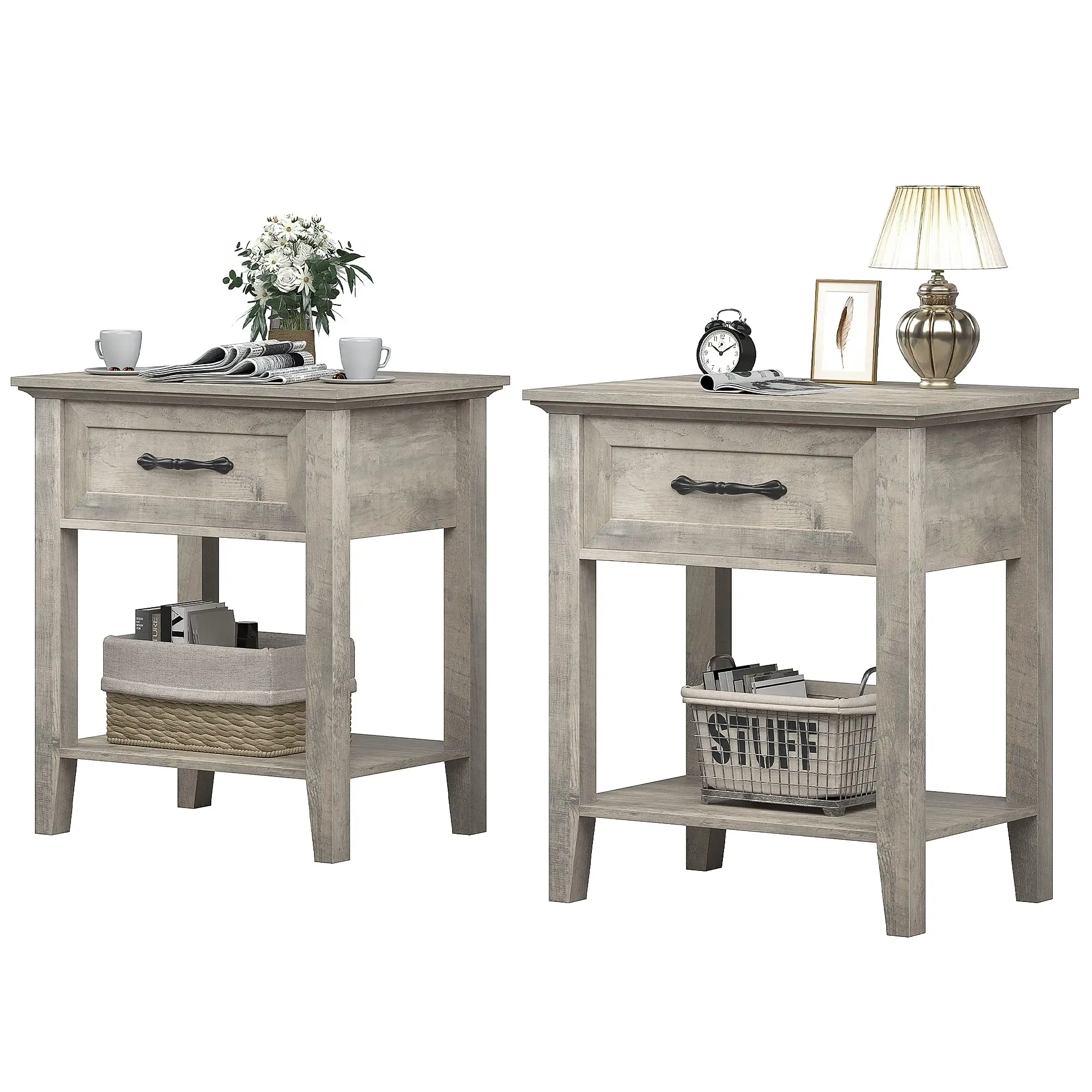 Garvee - Side table with drawer, two-tier storage shelf nightstand, changing table side table, living room and bedroom nightstand, gray, 2 units