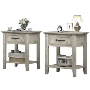 Garvee - Side table with drawer, two-tier storage shelf nightstand, changing table side table, living room and bedroom nightstand, gray, 2 units