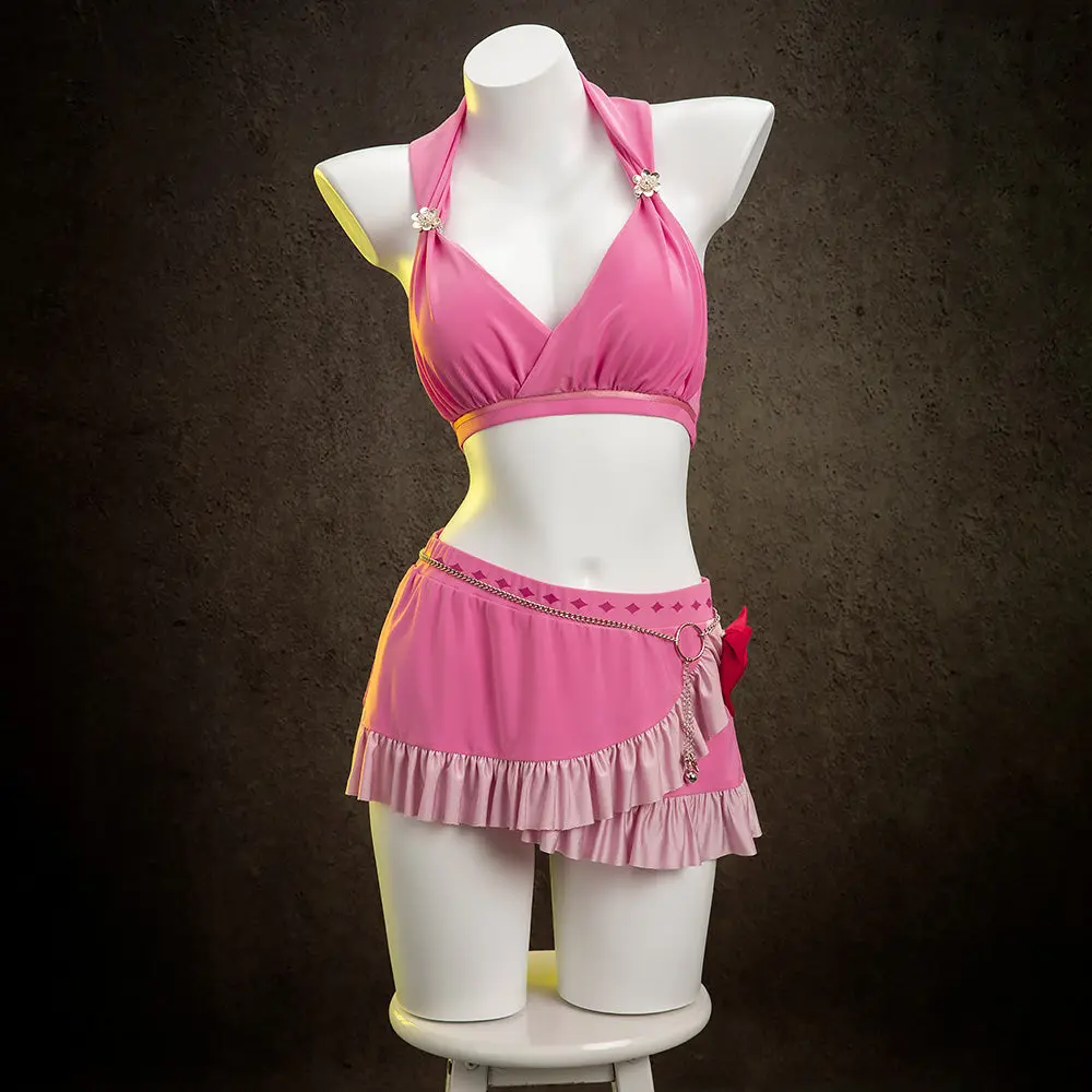 Women's Final Fantasy 7 Rebirth Aerith Theme Swimsuit Set, Aerith Gainsborough Cosplay Clothes with Flower Accent