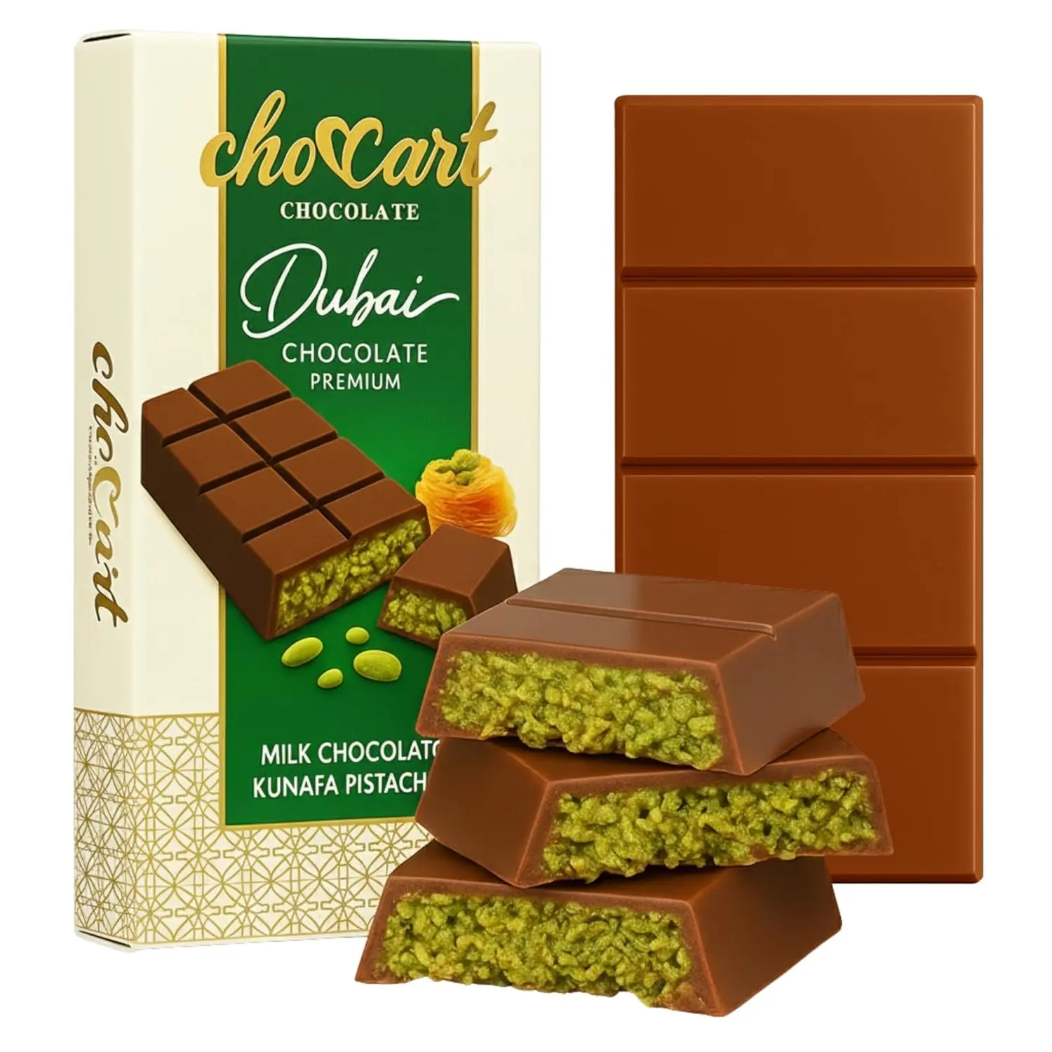 ChocCart Viral Dubai Filled Chocolate Bar Snack - Halal Certified, Premium Pistachio Kunafa Filling, Rich Milk Chocolate, Natural Nuts, 95g Dessert Gift Box, Snacks, Dubai Chocolate Bar