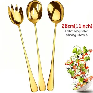 3/6 Piece Set 28cm Stainless Steel Salad Servers, Fork Spoon Strainer, Dishwasher Safe, Perfect for Parties and Events