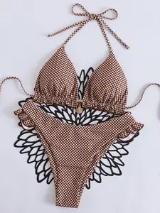 Vintage Plaid Halter Neck Bikini, Frill Triangle Cup Two-Piece Swimsuit, Shell Pendant Vacation Swimwear, High-Waisted Ruffle Bottoms