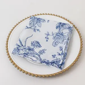 5-Pack French Toile Cloth Napkins – 17"x17" Blue and White Reusable Polyester Table Napkins in Floral Design for Events & Dining