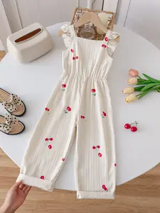 Girls' Cherry Print Jumpsuit, Soft Breathable Warm Kids Clothing, Fashion Casual, Holiday Vacation Wear, Perfect Gift for Girls