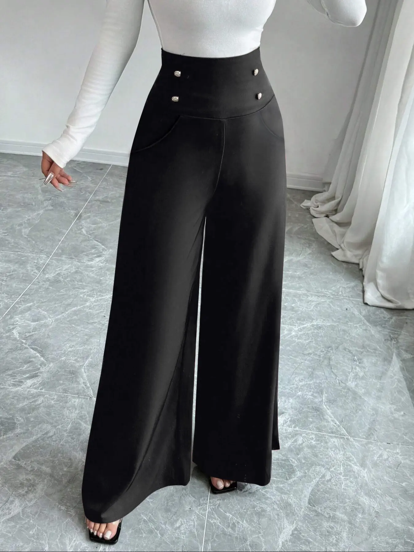 Women's High Waist Wide Leg Pants, Spring Pure Color Casual Minimalist  Elegant Pocket Business Loose Fit Slimming Trousers, Single Piece Ladies  Chic Fashion, Casual Bottom - TikTok Shop