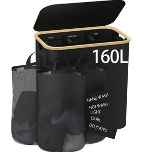 Extra Large 3-Section Laundry Hamper 160L - Lid & Sturdy Handle, Water-Repellent for Home Dirty Clothes Storage