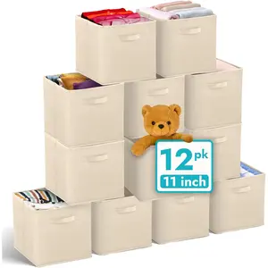 11 Inch Cube Storage Bins (12 Pack) |   Cube Organizer Bins |   11x11 Fabric Storage Boxes |   Collapsible, Foldable Fabric Cubby Box (Square) |   Kids Room Organization (Beige)