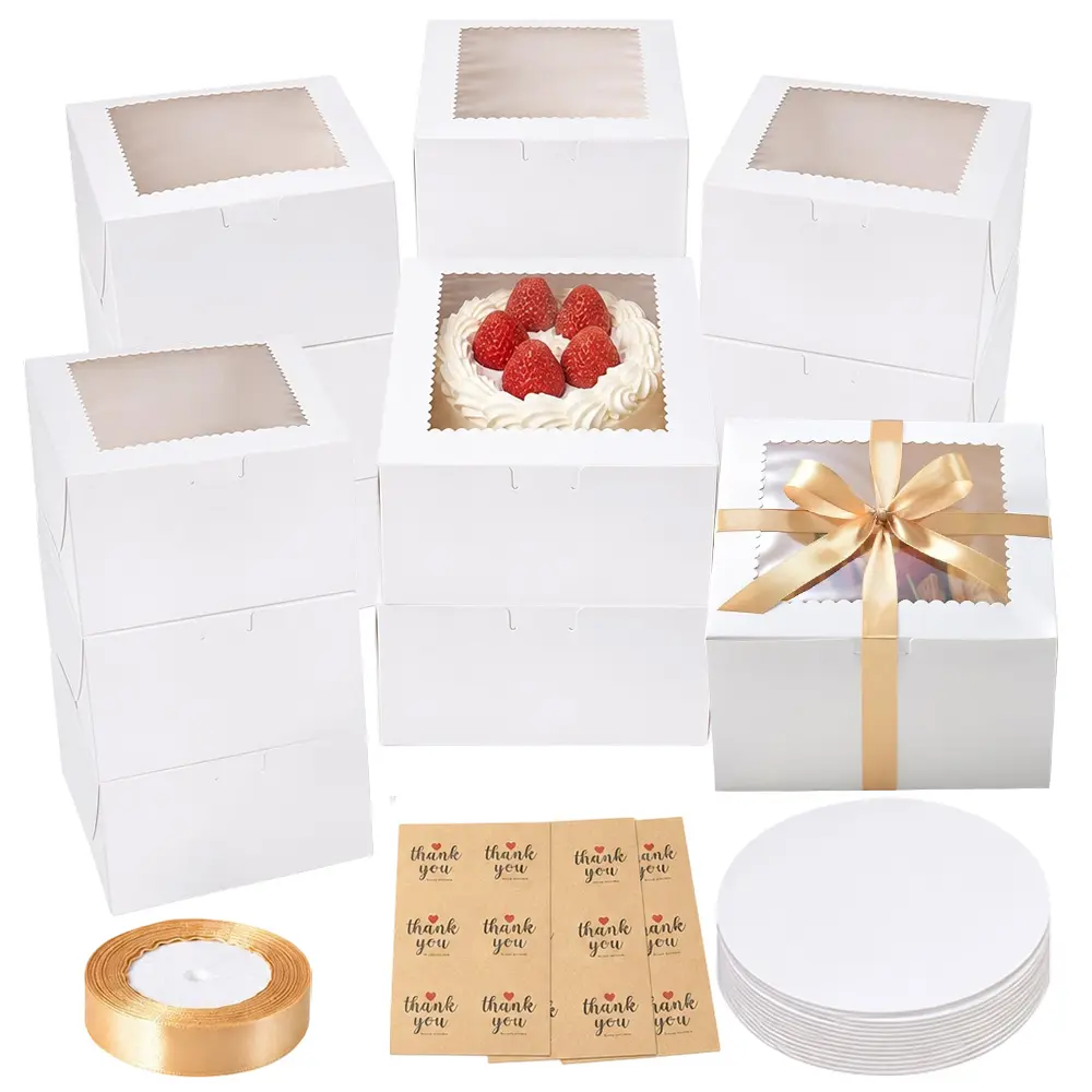 15Pcs 6x6x5 inch Mini Cake Boxes with Cake Boards (15 Boxes & 15 Boards), 6 inch Small Cake Boxes with Lids，Cajas de mini pastel Bakery Boxes with Window for Christmas Thanksgiving