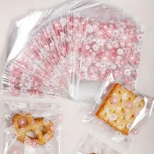 Clear Candy Bag, 100pcs/set Flower Pattern Self-adhesive Cookie Bag, Food Storage Bag for Candy, Biscuit, Pastry, Snack, Kitchen Storage Organizer, Gifts