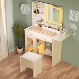 Vanity Desk with Mirror and Lights, Glass Top & Power Outlet, Makeup Vanity Set with Chair, Small Dressing Table with 2 Drawers and Cabinet Storage for Bedroom (White)