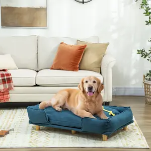 Dark blue elevated large dog couch with detachable plush polypropylene cotton cushion anti slip foot pads solid pine wood legs for indoor household pet daily lounging and sleeping