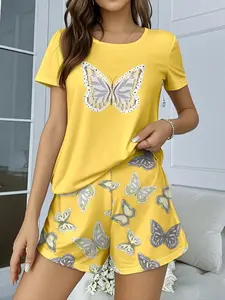 Women's Butterfly Print Knit Pajama Set, Short Sleeve Top Shorts Sleepwear Loungewear Two-Piece, Fitted Casual Summer Nightwear for Ladies Pjs, Pyjamas