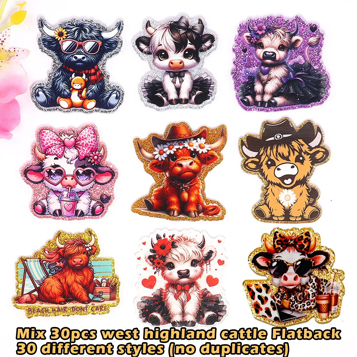 Mix 30pcs Cute Cow-themed Glitter Acrylic Flatback Highland Cow Dairy Cow Badge Reel Supply DIY Ideas Gift Ideas
