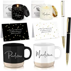 2 Sets 8 Pcs Godparents Proposal Gift Madrina Padrino Mug Will You Be My Godparents from Godchild Card Scented Candle Jar Pen Baptism Gift for Mother's Day Father's Day Godmother Godfather(Spanish)