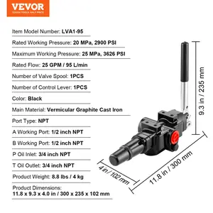 VEVOR Hydraulic Log Splitter Valve 1 Spool, 25 GPM Hydraulic Directional Control Valve, 3626PSI Hydraulic Loader Valve, Hydraulic Joystick Control Valve for Small Tractors, Loaders, Log Splitter