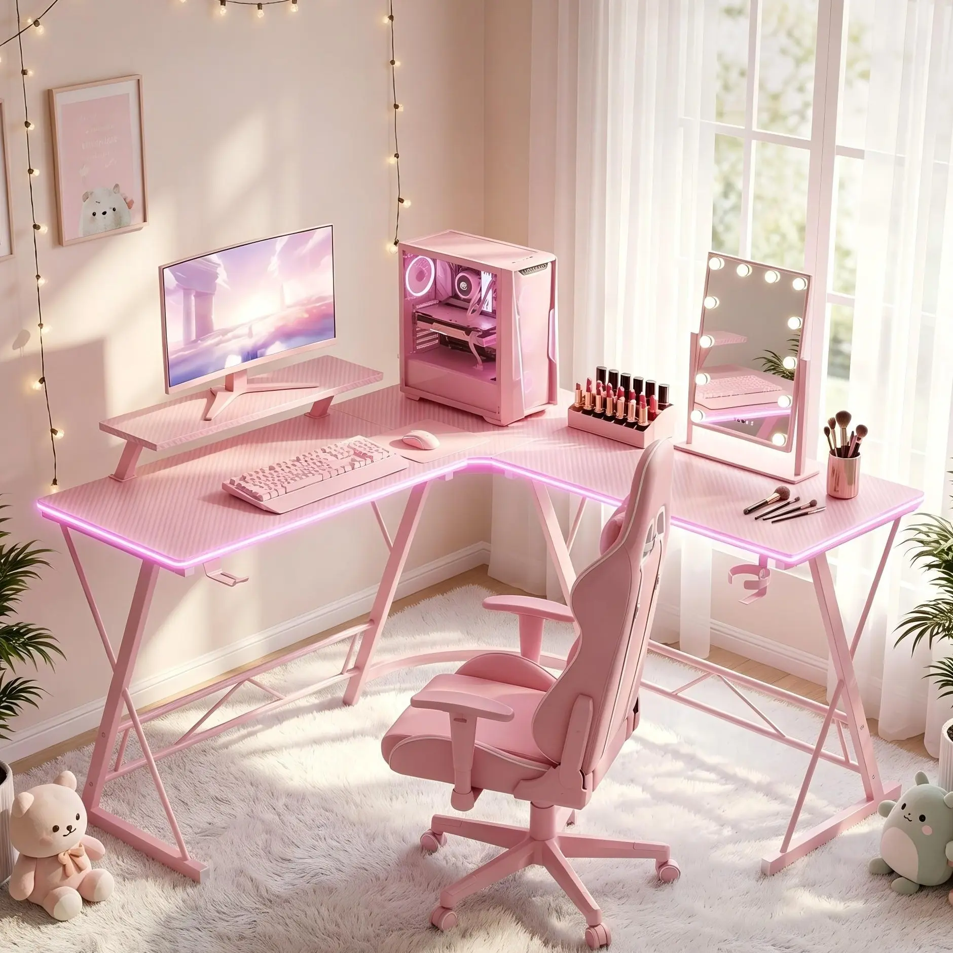 【PINK RGB Desk!!!】Mr IRONSTONE Gaming Desk with Led Lights,Corner Computer Desk with Carbon Fiber Surface,L shaped desk, Home Office Desks Writing Workstation with Large Monitor Stand, Easy to Assemble 51 Inch