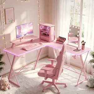 【PINK RGB Desk!!!】Mr IRONSTONE Gaming Desk with Led Lights,Corner Computer Desk with Carbon Fiber Surface,L shaped desk, Home Office Desks Writing Workstation with Large Monitor Stand, Easy to Assemble 51 Inch