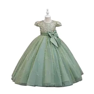 Luxury Retro Long Girls Formal Dress with Bow Decoration Perfect for Birthday Outfits