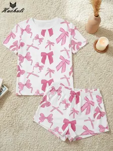 Pink Bow Pajamas for Women, Two Piece Short Sleeve Pj Shorts Set, Crew Neck Loungewear Sleepwear for Casual Indoor
