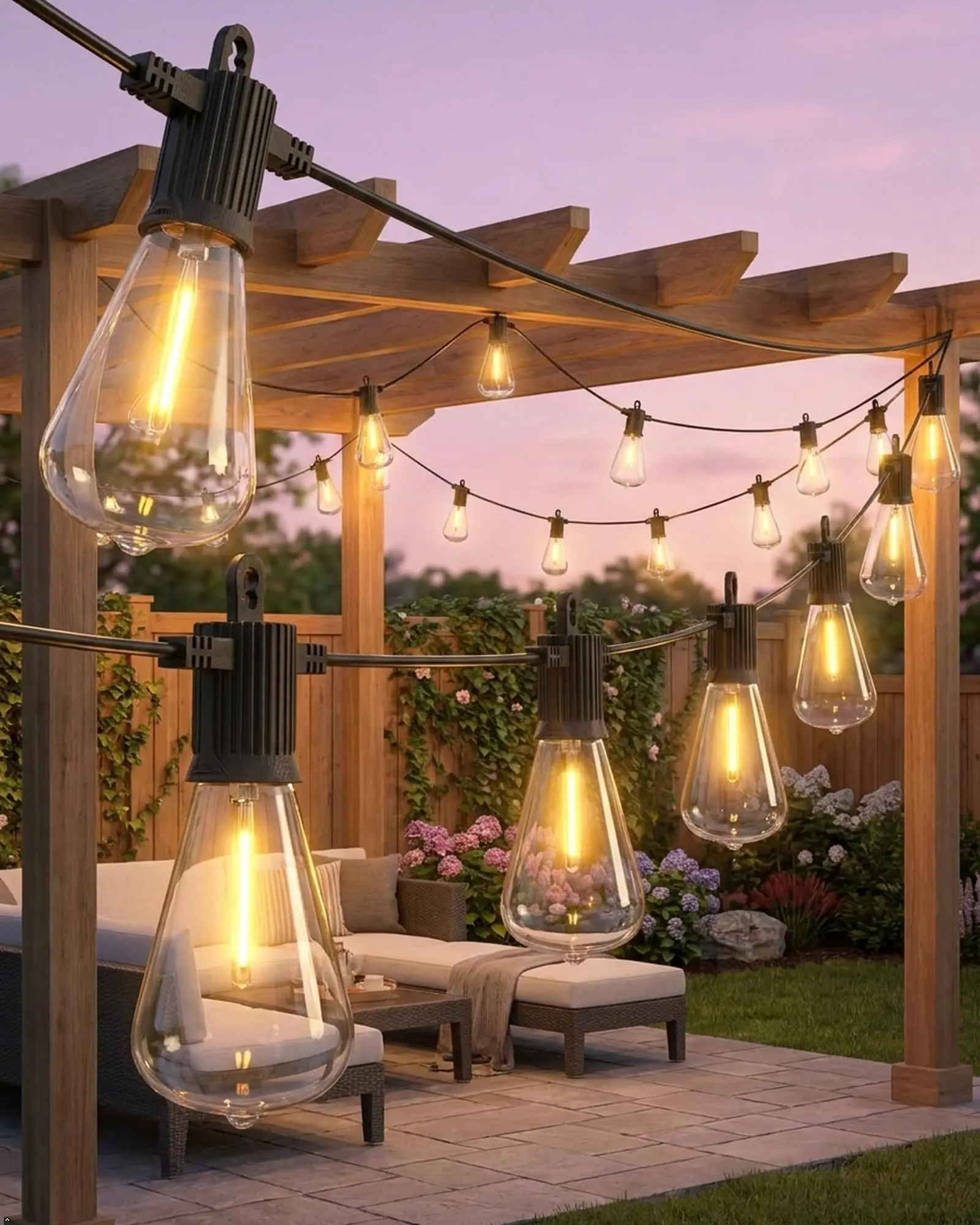 BEATINEON LED Outdoor String Lights 50FT, Waterproof Patio Lights with 27 (25+2 Spare ST38 Shatterproof Replaceable Bulbs), Connectable Dimmable Outside Hanging Light for Porch Garden Deck Bistro Backyard