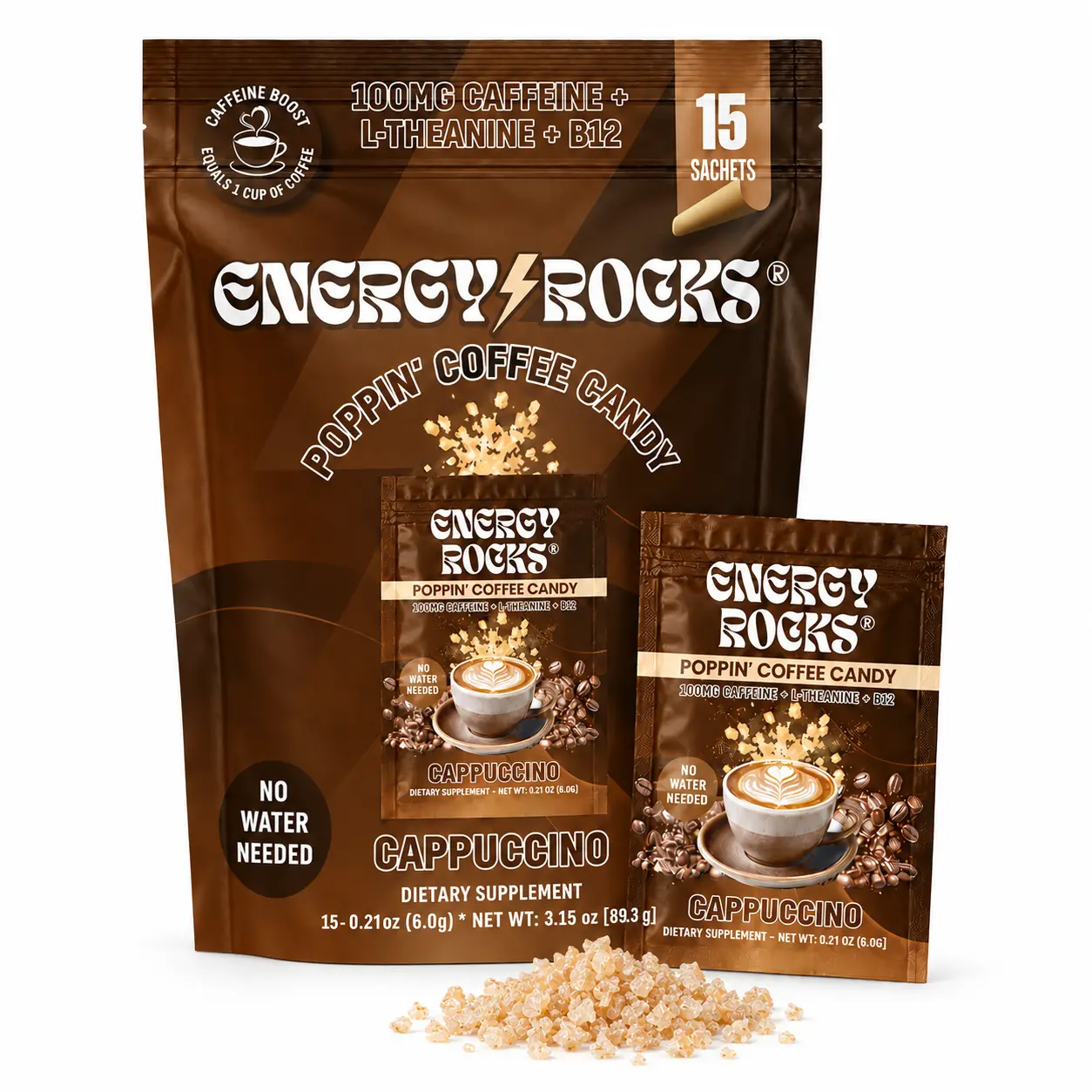 Cappuccino Popping Candy - 60/30/15/6 Sachets | Natural Sweet Creamy Coffee Flavored Candy with 100mg Caffeine, 200mg L-Theanine & Vitamin B12 - Daily Energy Candy for Work, Travel & On-the-Go Snacking