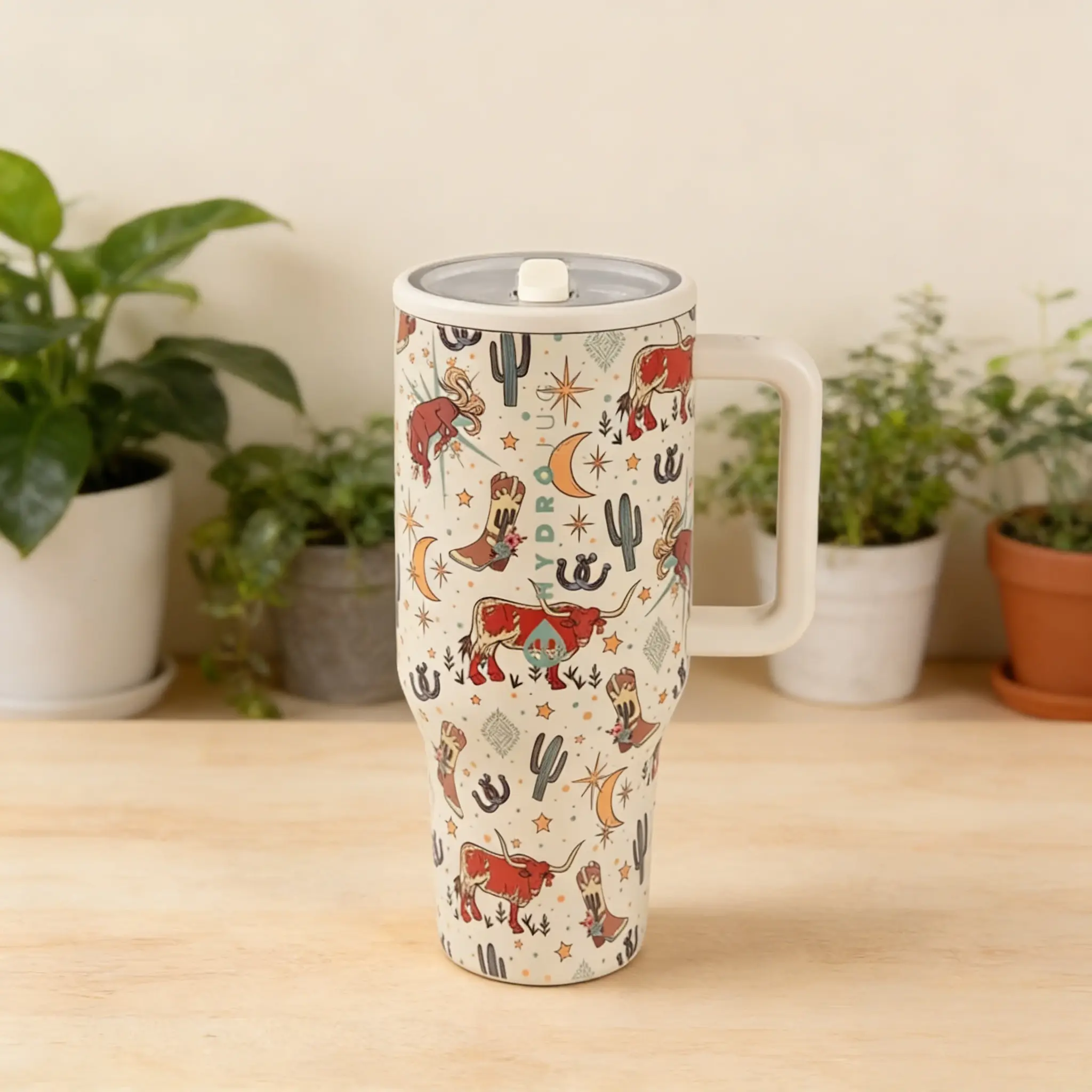 Western cowboy print 40 oz HydroJug ice tumbler with handle, stainless steel insulated travel cup, retro cowboy-style iced coffee tumbler, country-style insulated water bottle, suitable for car use, office, and everyday use