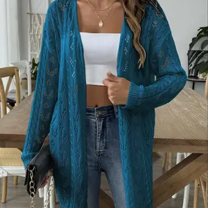 Women's Solid Color Hollow Out Open Front Crop Cover Up Sweater, Casual Long Sleeve Knitwear for Beach Holiday Vacation, Ladies Clothes for All Seasons