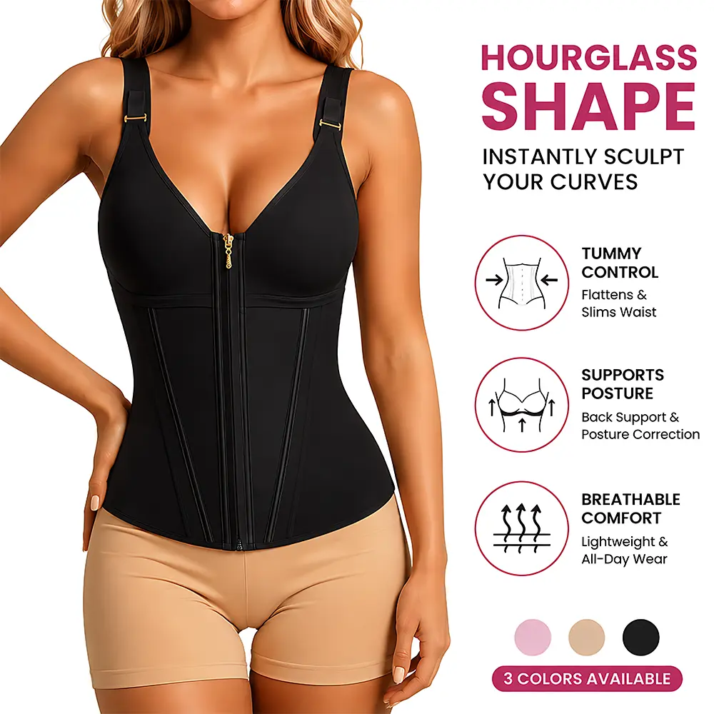 Women Fajas Shapewear Bust Shaper Double Layer Waist Trainer Tummy Control Compression Tank Top Zipper Hook Postpartum Workout Adjustable Straps Stretchy Customized Womenswear Elegant sohochic