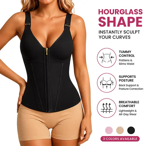 ZGQNBelle Women's Shapewear Vest Waist Trainer - Everyday Light Control Tummy Control Tank Top with Built-In Bra, Zipper & Hook Closure, Adjustable Straps, Stretchy Nylon-Elastane Postpartum Support